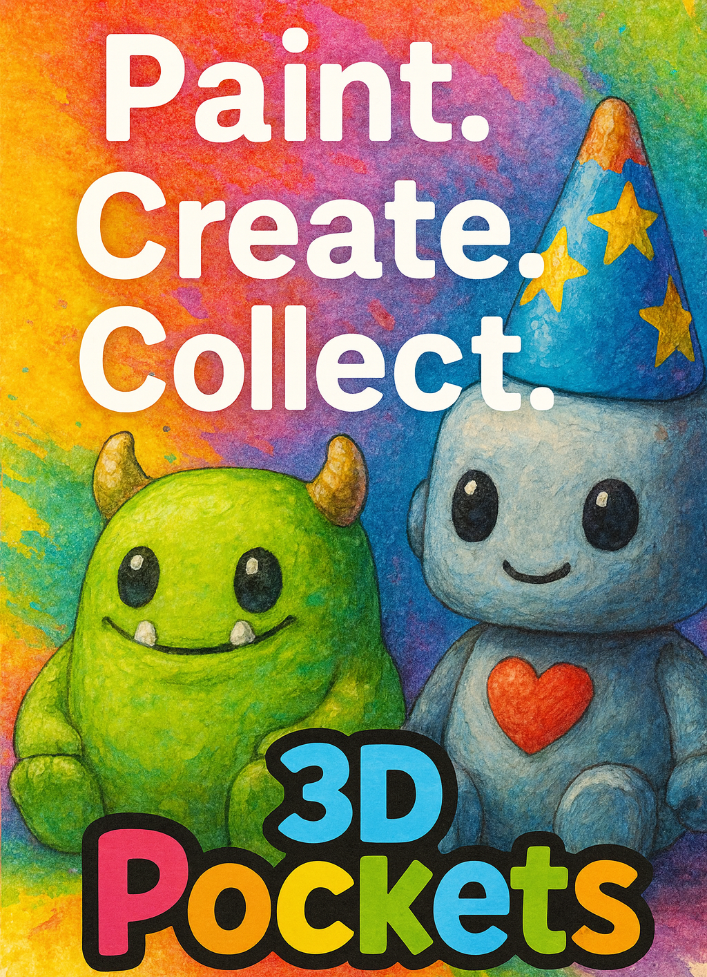 'Paint. Create. Collect. 3D Pockets with two colourful characters on a multicoloured background.