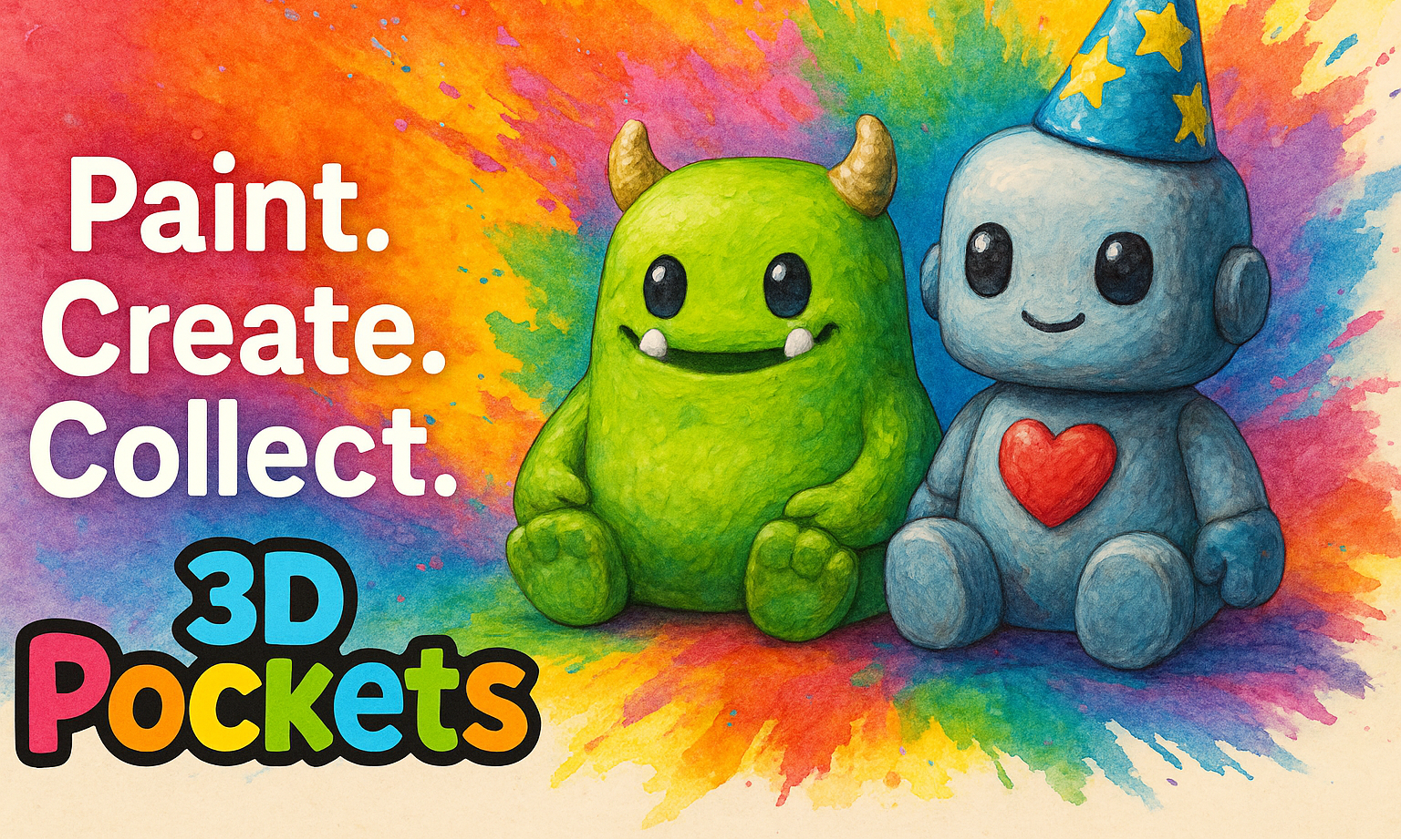 Two colorful characters with the text 'Paint. Create. Collect. 3D Pockets' on a multicolored background.