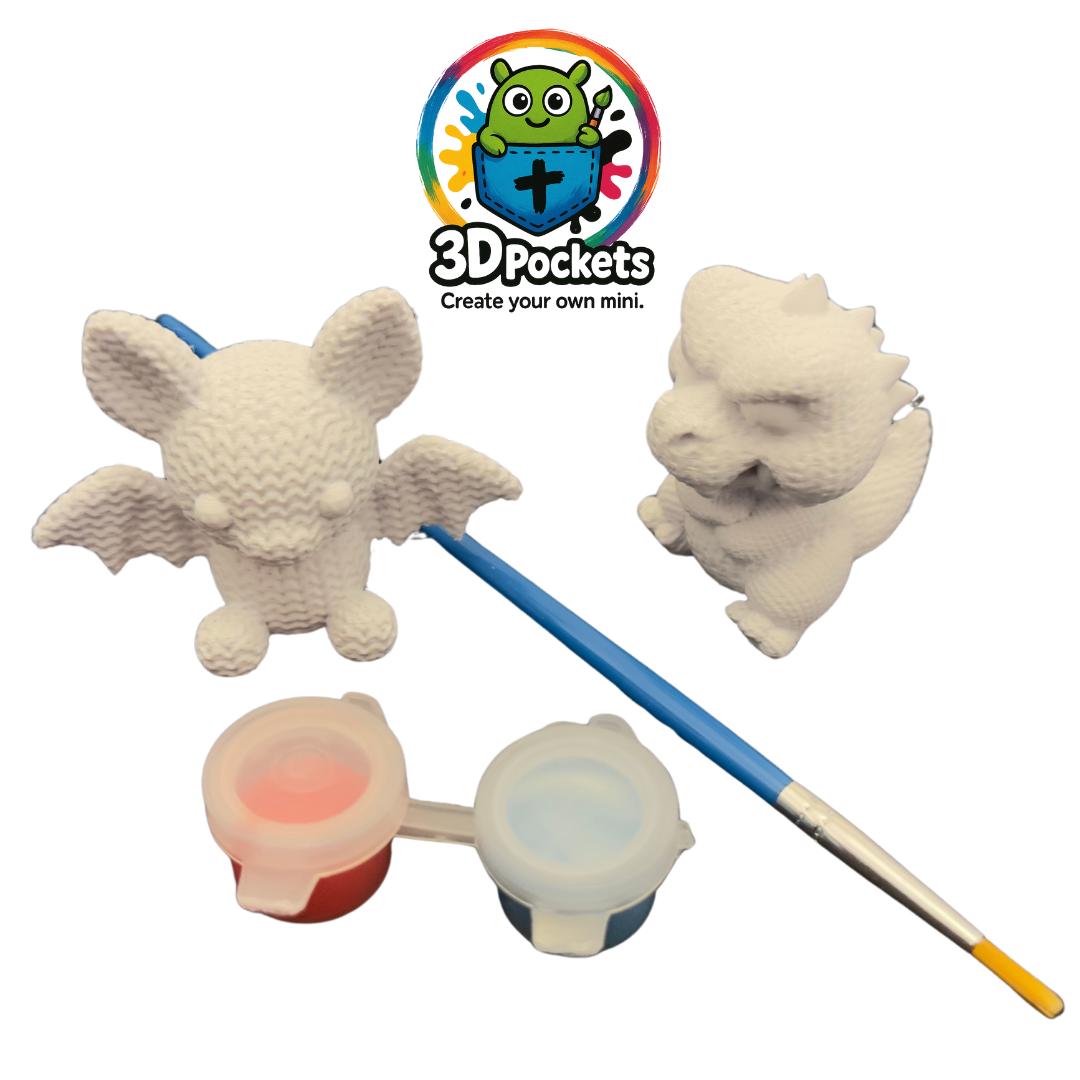 3D Knitted Bat & T-Rex with paint and Brush (Red & Blue)