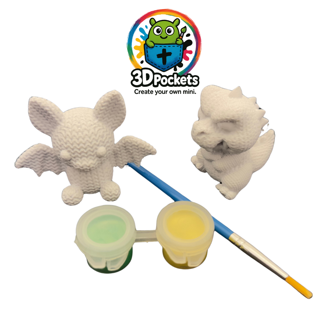 3D Knitted Bat & T-Rex with paint and Brush (Yellow & Green)