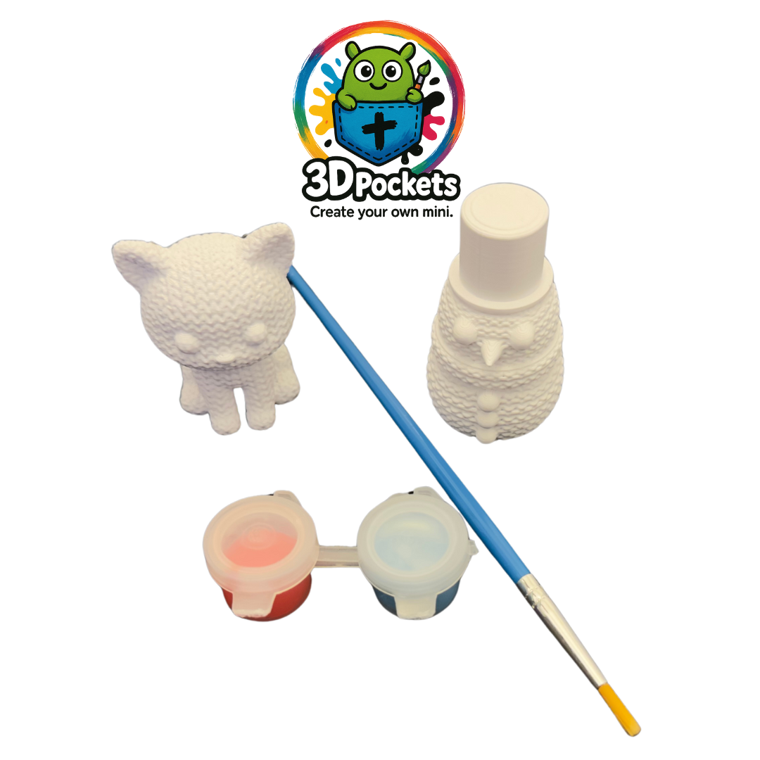 3D Knitted Cat & Snowman with paint and Brush